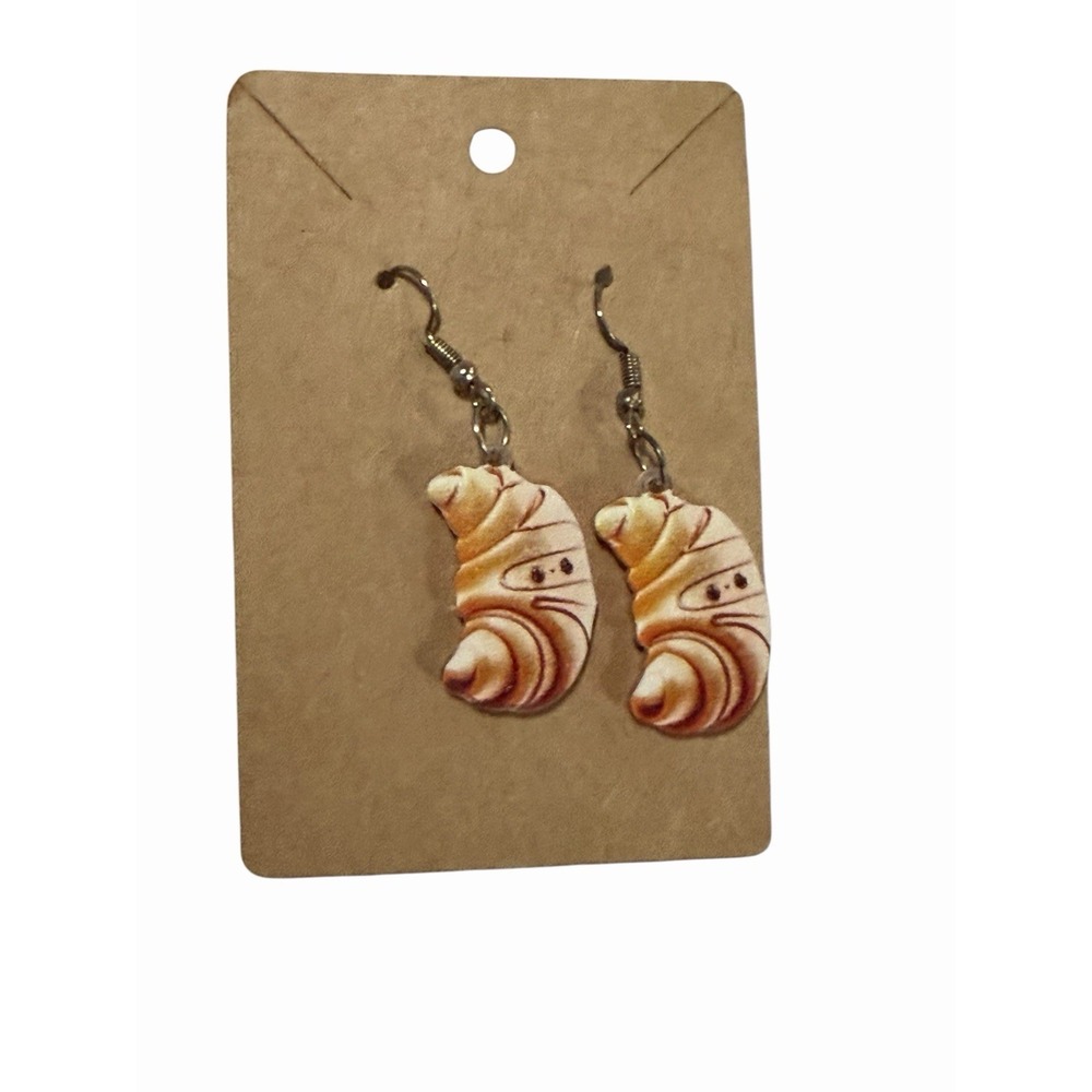 Handmade Croissant Mummy Dangle Earrings Halloween Foodie‎ Pastry Jewelry Brown
